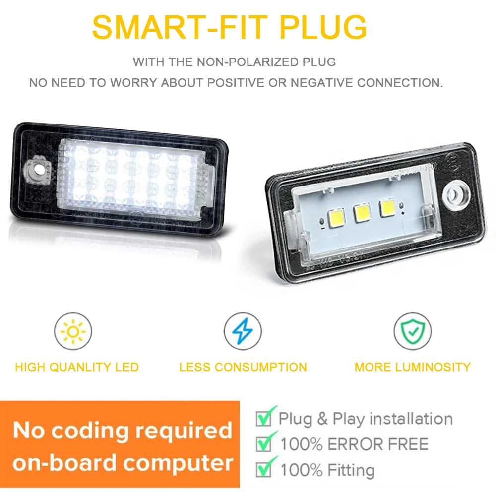2Pcs Canbus White LED License Plate Lights For Audi A3 Cabriolet S3 A4 S4 RS4 B6 B7 Sedan A5 A6 A8 Q7 S8 S6 C6 Sedan OEM#