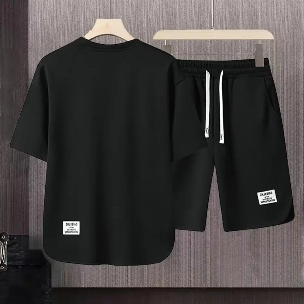 Men Activewear Set Men\'s Summer Casual Outfit Set O-neck Short Sleeve T-shirt Drawstring Waist Wide Leg Shorts Activewear Set