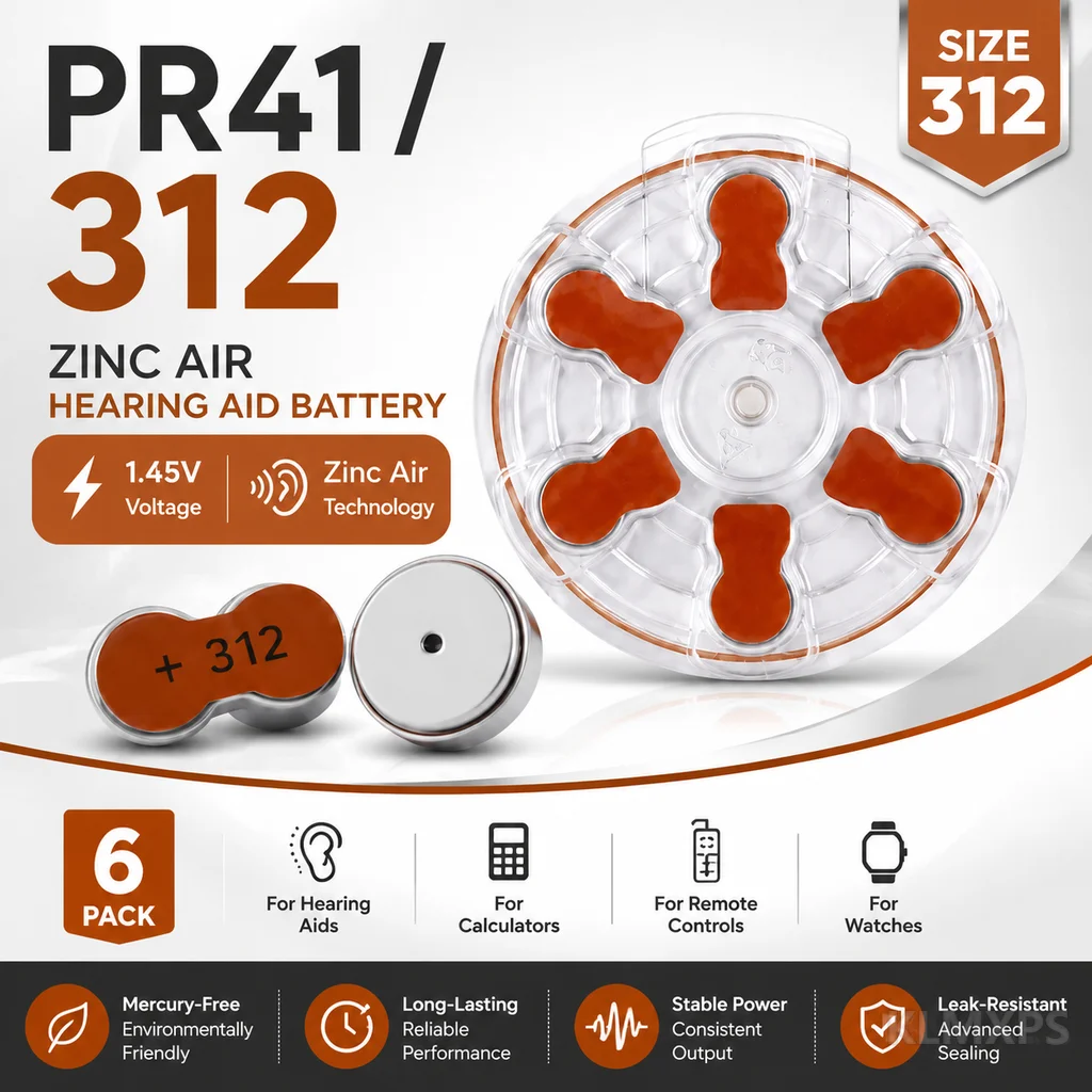 A312 PR41 Zinc Air Hearing Aid Battery 60PCS 312A ZA312 S312 Button Cells for Hearing Aids Replacement Pack
