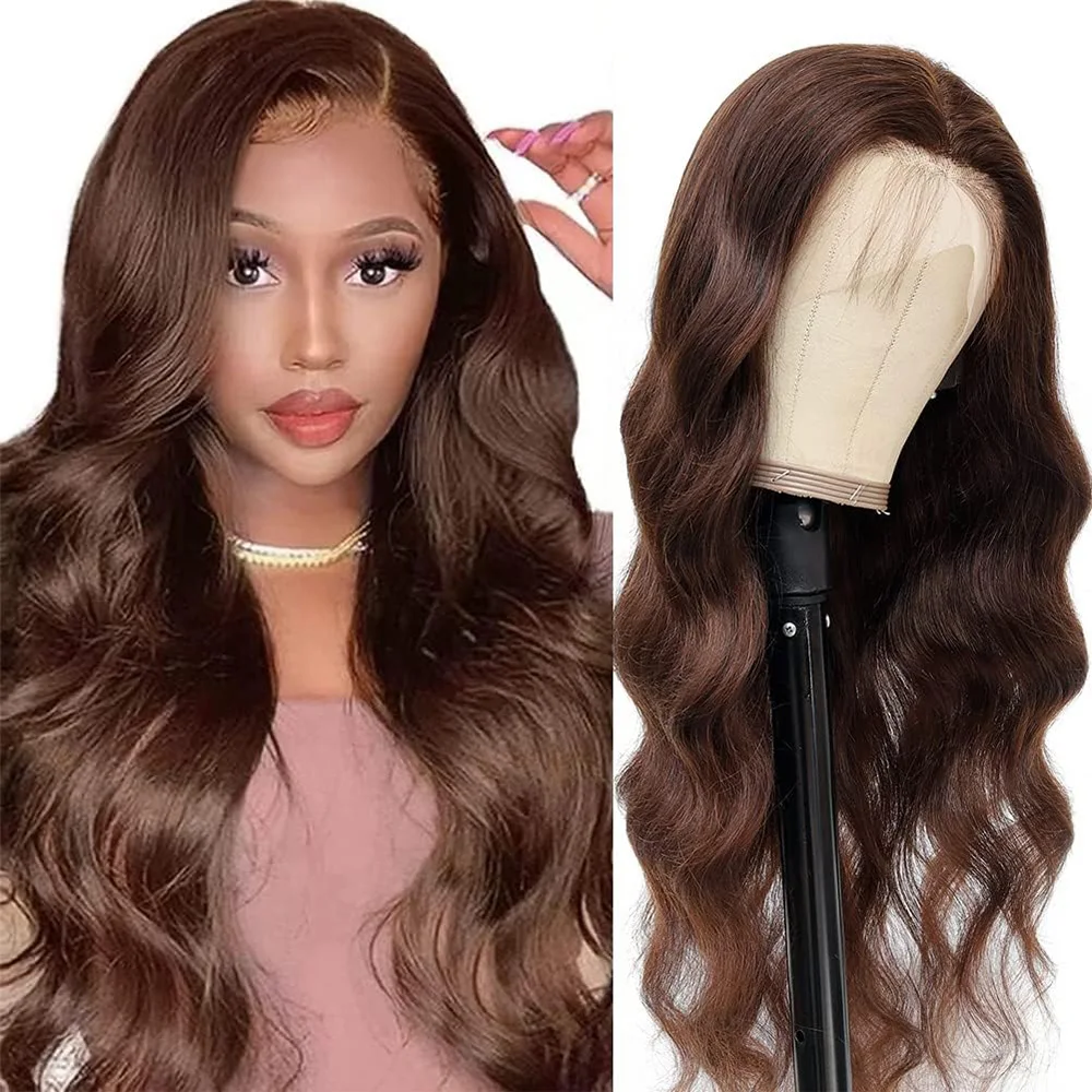 

220% Density #4 Chocolate Brown 13x4 Lace Front Wigs Pre Plucked 13x6 HD Lace Frontal Wigs Dark Brown Body Wave 100% Human Hair