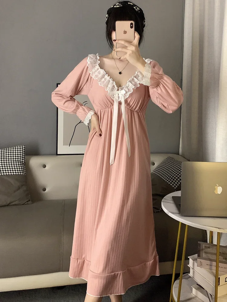 Sleeping Skirt Long Sleeve Lace Court Cotton Nightgown Elegant Romantic Chest Pad Cute Pyjamas Homewear Women's Sleepwear