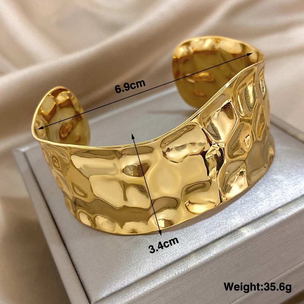 Greatera Textured Gold Plated Stainless Steel Cuff Bracelet Bangele for Women Hammered Metal Wide Bracelets Pulseras Jewelry
