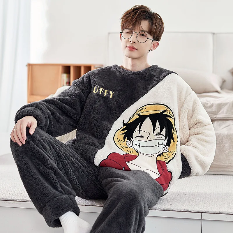 ONE PIECE Luffy Men's Pajamas Autumn Cotton Long Sleeve Pants Two-piece Loungewear Silk Pajamas Men's Pajamas Pants Set