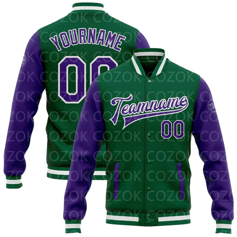 Custom Purple 3D Printed Baseball Button Jacket Bomber Full-Snap Varsity Letterman Jacket