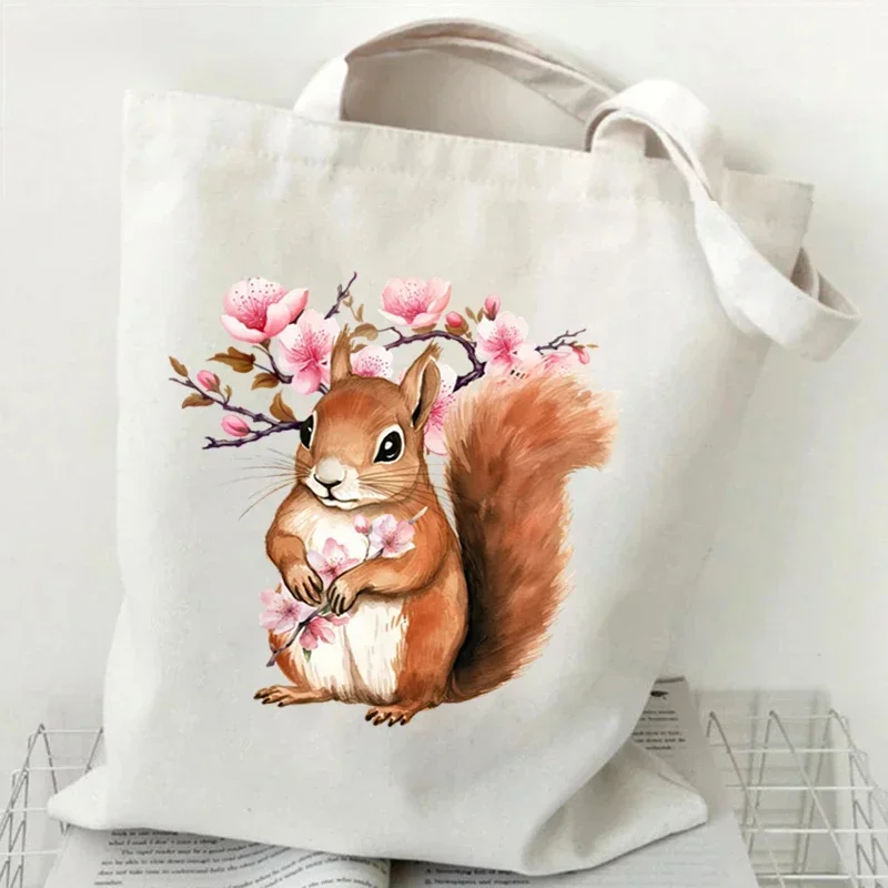 Cute Cherry Blossom Squirrel Print Women Men Shoulder Bags Teenager Cartoon Animal Fashion Trend Travel Beach Bag Female Handbag