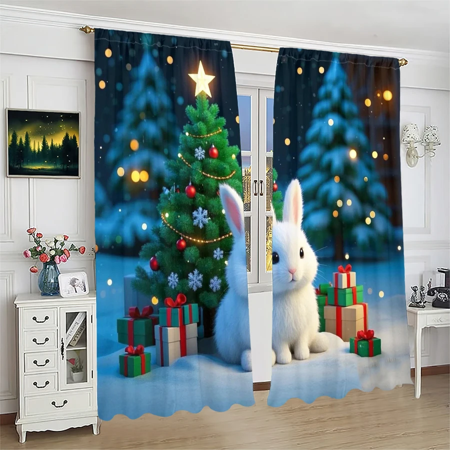 2 PCS - Christmas tree, Christmas snowflake pattern printed curtains, Christmas decorations, home decorations, room decorations