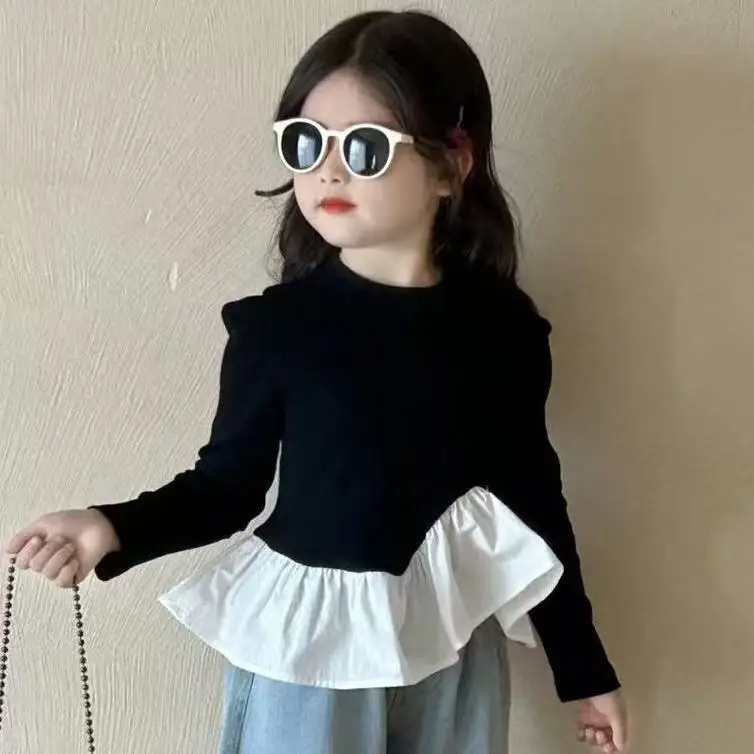 Mädchen 2-8 Jahre 2-teiliges Outfit: Unregelmäßiges Rüschen-Stricktop mit Bären-Smiley-Stickerei und Weitbein-Jeanshose, Kinder-Freizeitkleidungsset – Detail 5