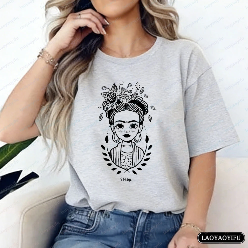 

Mexican Artist T-Shirt Frida Botanical Print Tops Minimal Art Lover Vintage Classic Cotton Shirt Cultural Streetwear for Women