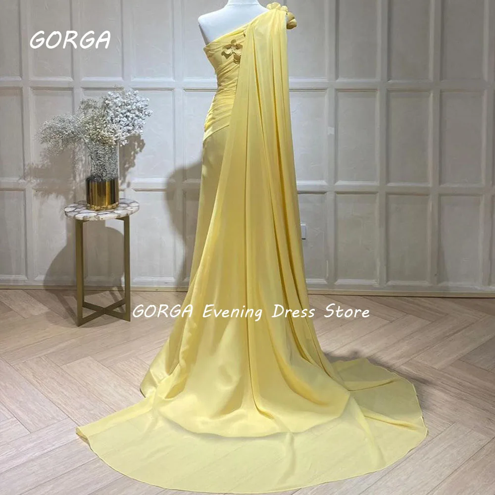 GORGA Yellow Appliques Satin Mermaid 2024 Slim One-Shoulder Appliques Long Sleeve Ocassion Gown Floor-Length Evening Dress