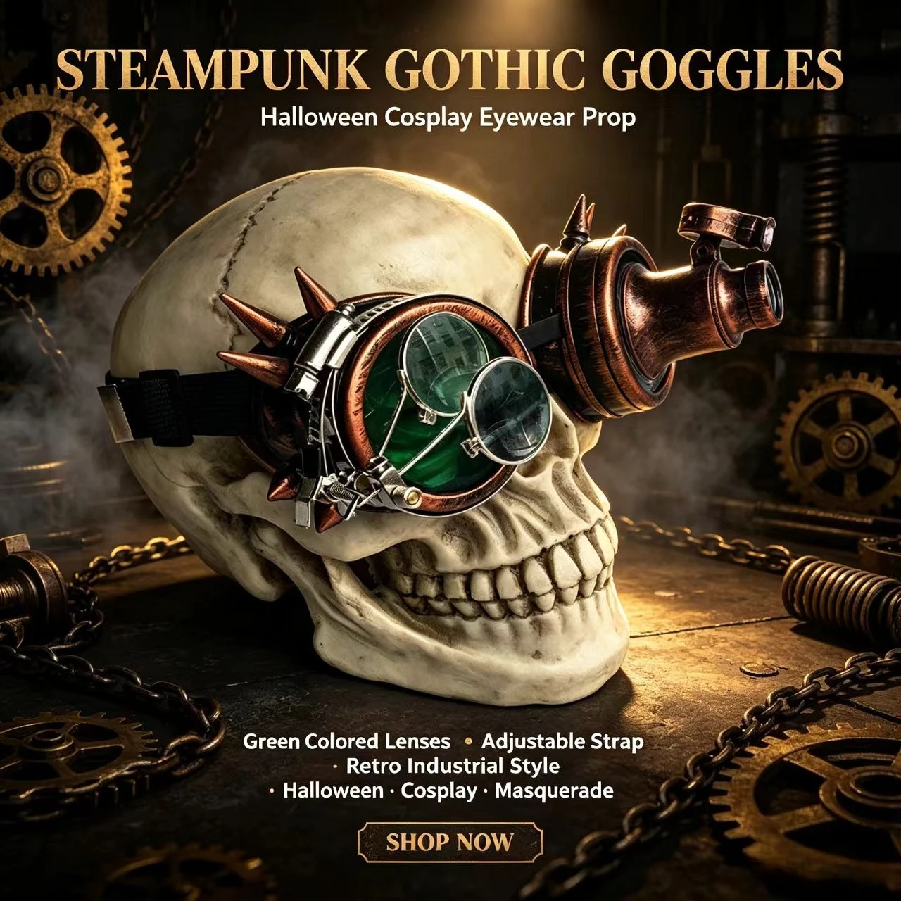 Steampunk Gothic Goggles, Adjustable Vintage Industrial Eyewear Props for Cosplay, Biker & Halloween Costume