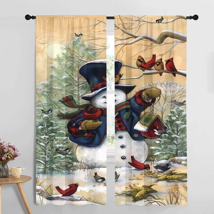 2PCS Christmas Winter Curtains, Snowman Birds, Digital Print, Bedroom Living Room Kitchen, Rod Pocket Polyester, Home Decor