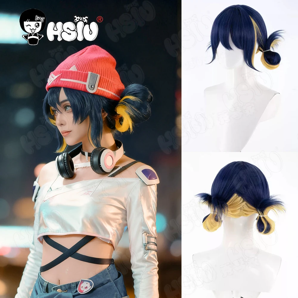 Kiriko Cosplay Wig Fiber synthetic wig「HSIU」40CM Blue Mixed Yellow Short Wig+Wig cap Game OVERWATCH2 Kiriko Cosplay