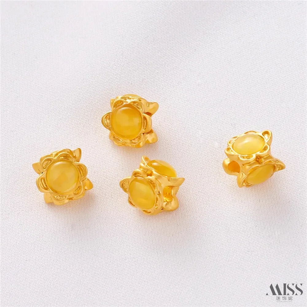 18K Matte Gold Color Inlaid Cat's Eye Jade Large Hole Bead Spacer Loose Bead DIY Bracelet Bucket Bead Jewelry Accessories