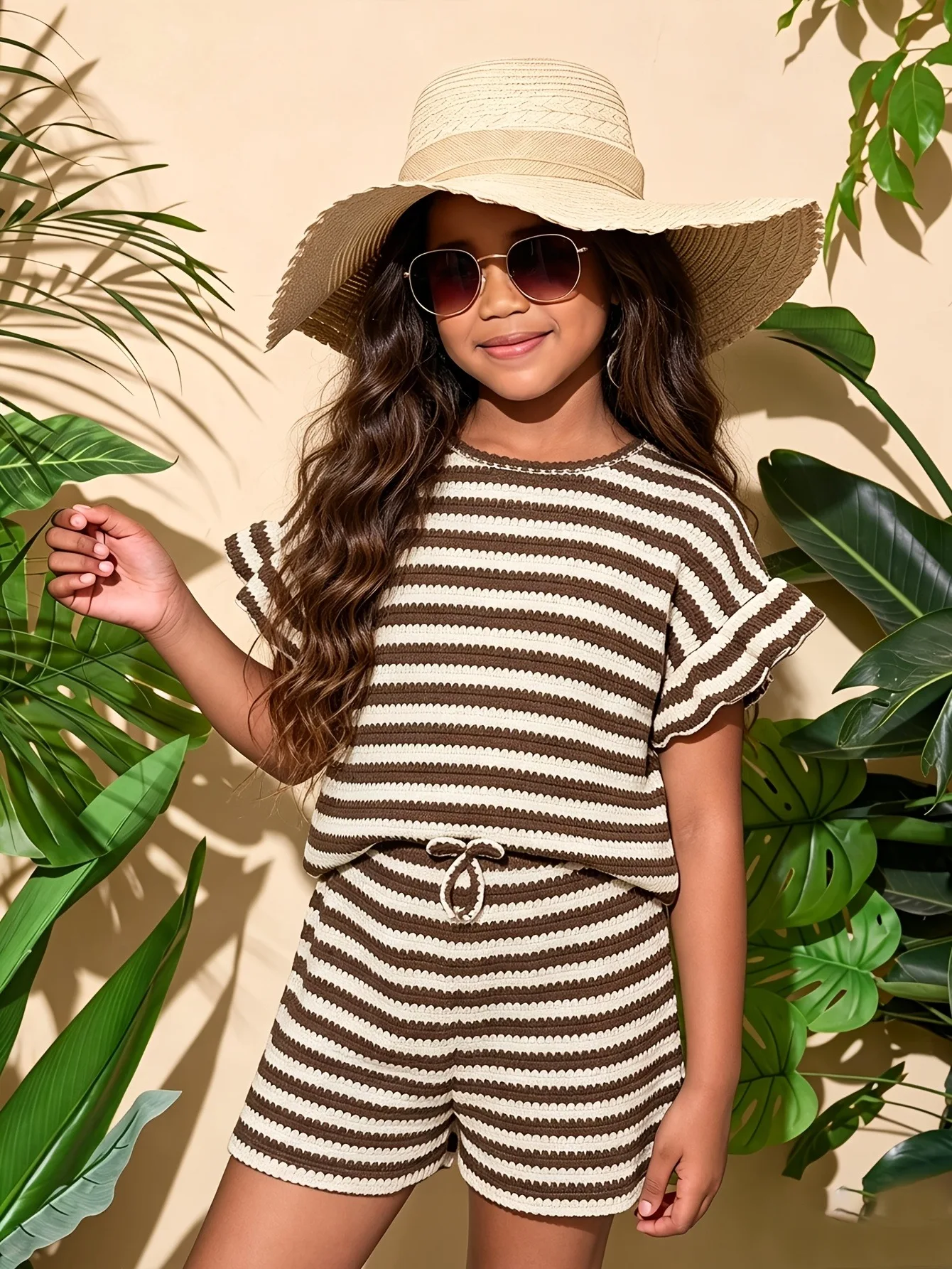 Modisches 2-teiliges gestreiftes Strick-Outfit für Mädchen, Rüschen-Oberteil mit kurzen Ärmeln + Shorts mit Kordelzug, Sommer-Strand- und Alltagskleidung für 4-12 Jahre – Detail 3