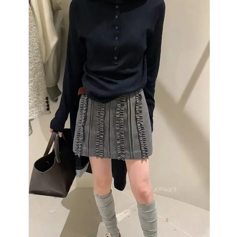New Autumn and Winter Design Style Fashionable Versatile Heavy Industrial Wood Ears Thick Wasteland Style Half-body Skirt