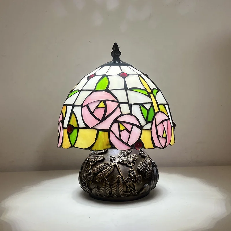 Tiffany Style Mushroom Table Lamps 8Inch Stained Glass Lamp Pink Rose Flower  Vintage Light for Living Room Home