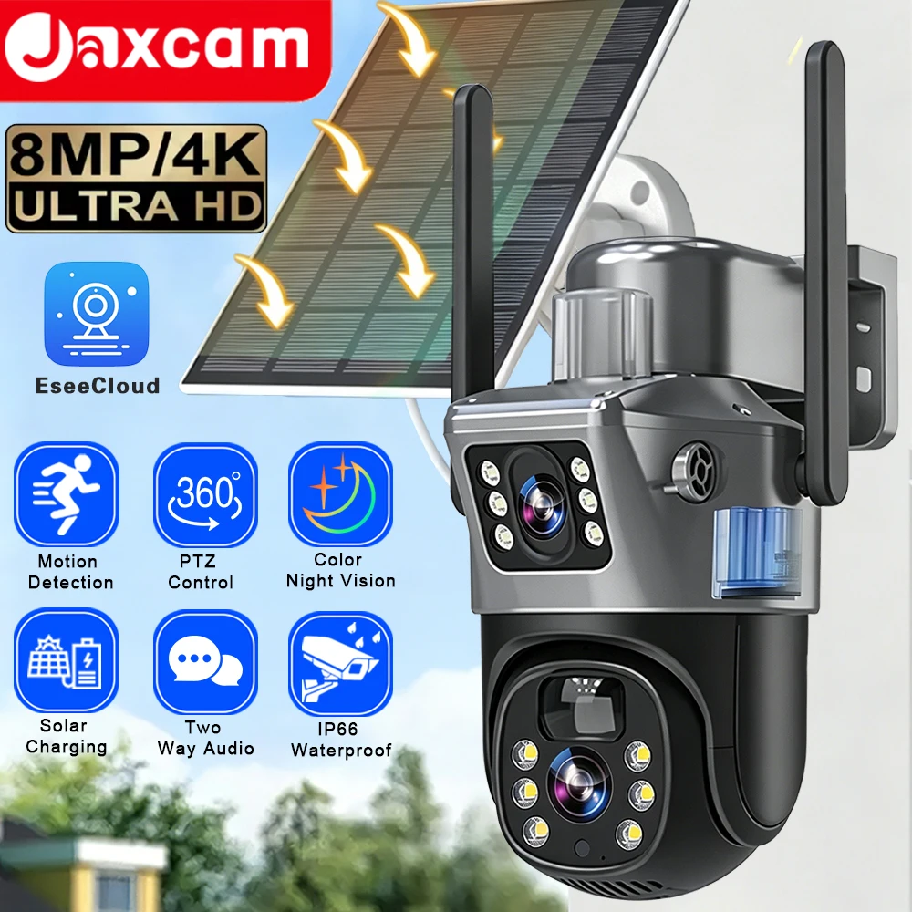 

EseeCloud Solar Camera Outdoor Dual Lens WiFi 8MP 4K IP Camara Solar Panel CCTV Security Built in Battery PIR Cam