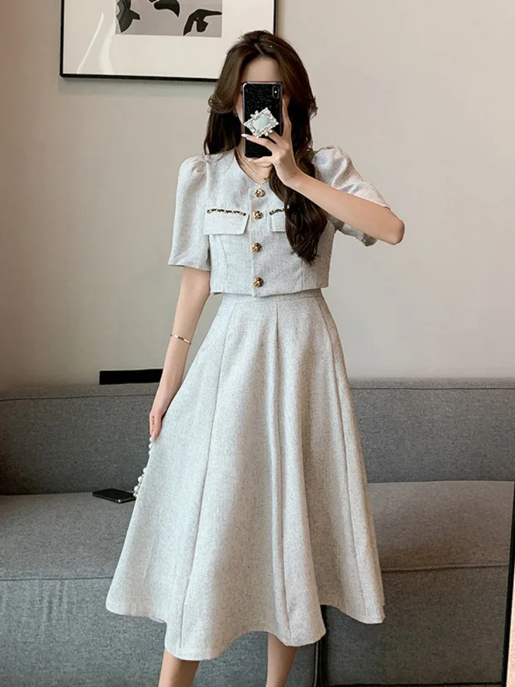 Insozkdg Small Fragrant Style Summer Fashion Korean Sweet Elegant 2 Piece Set Women Coat Top + Skirt Suits Womens Two Peice Sets