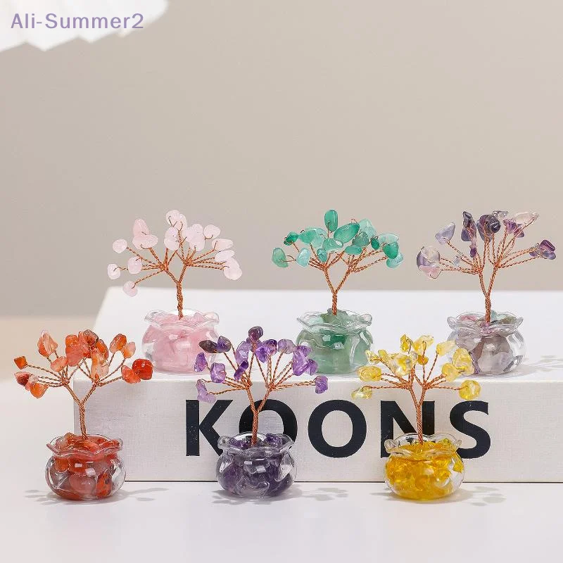 {Summer2} شجرة المال الكريستالية الصفراء الطبيعية شجرة كريستال صغيرة فنغ شوي زخرفة مع العقيق الأحمر مكتب عمل الديكور هدية