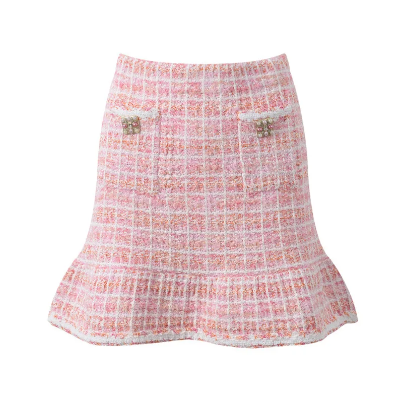 CHUJIE Conjunto de punto estilo francés de otoño 2025, top de manga larga con cuello redondo y media falda, traje rosa suave, mezcla de viscosa