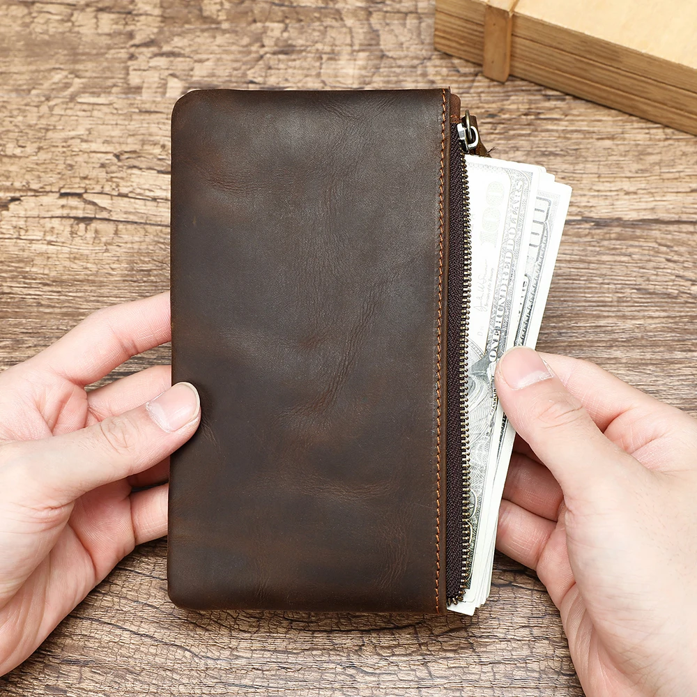 กระเป๋าสตางค์ยาววินเทจสำหรับผู้ชาย กระเป๋าซิปพร้อมช่องใส่บัตร สำหรับใส่ธนบัตร เหรียญ กุญแจ ตั๋ว หนังสือเดินทาง กระเป๋าหนังแบบคลัทช์