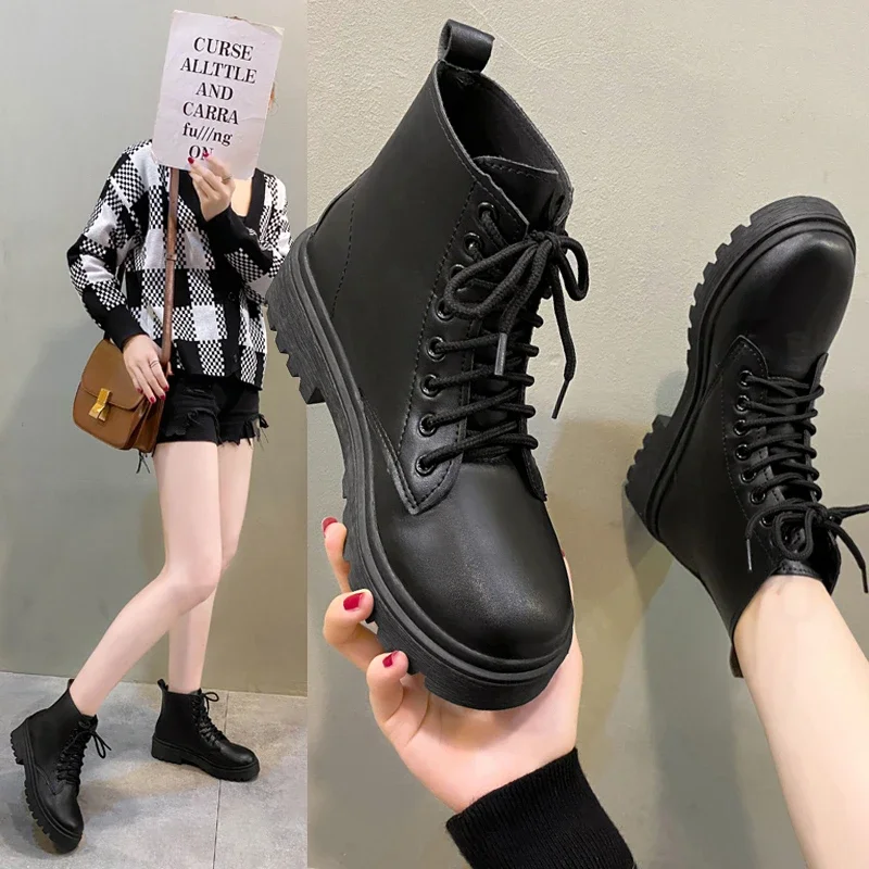 Size 42 Women Motorcycle Ankle Boots Wedges Female Lace Up Platforms Black Shoes Woman Botas Mujer