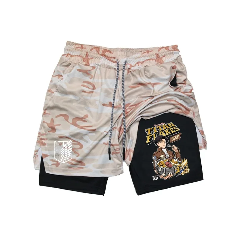 Pantaloncini da allenamento da corsa 2in1 con stampa Attack on Titan Pantaloncini da compressione performanti da uomo con tasca per telefono Abbigliamento sportivo sportivo