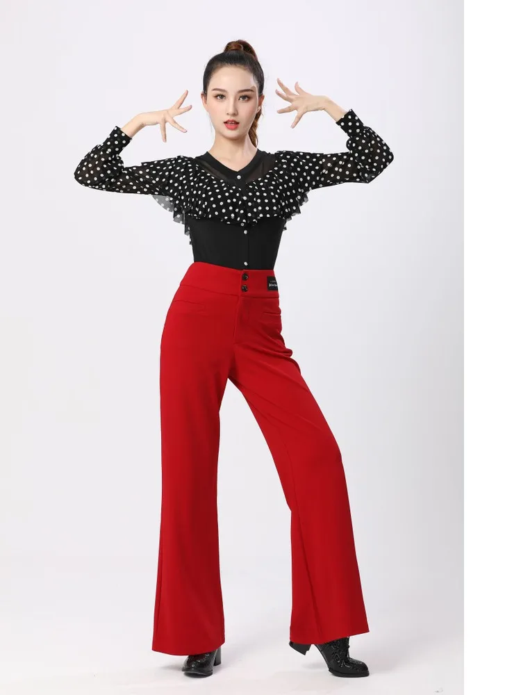 بلوزة رقص بأكمام واسعة منقطة مع حواف مكشكشة - بلوزة أنيقة لممارسة قاعة الرقص أو أداء للنساء تي شيرت