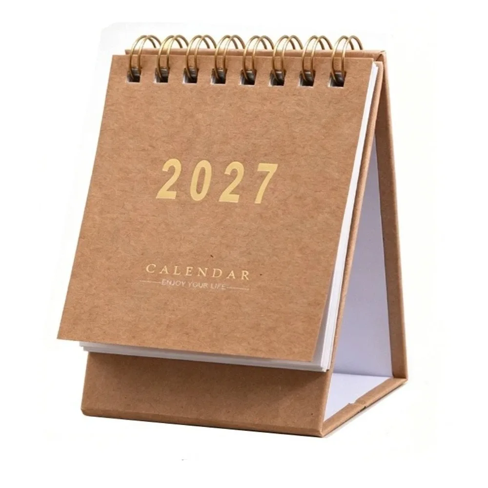 Vertical 2027 Mini Calendar Thick Paper Gold-stamped Standing Desk Calendar English Gold Foil Spiral Calendar Home Office