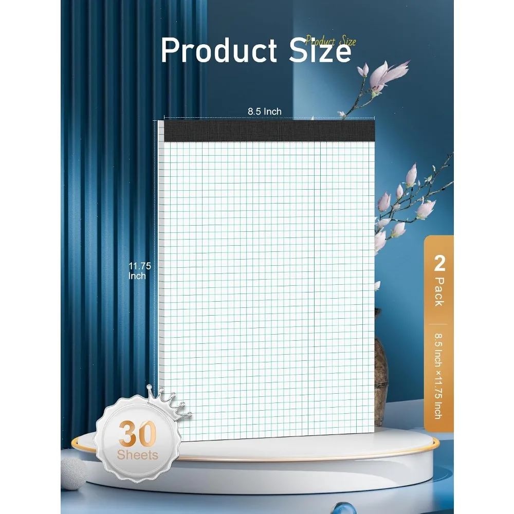 2-Pack Graph Paper Pad 8.5x11, 4x4 Grid, 30 Sheets Each, Easy Tear, 70GSM