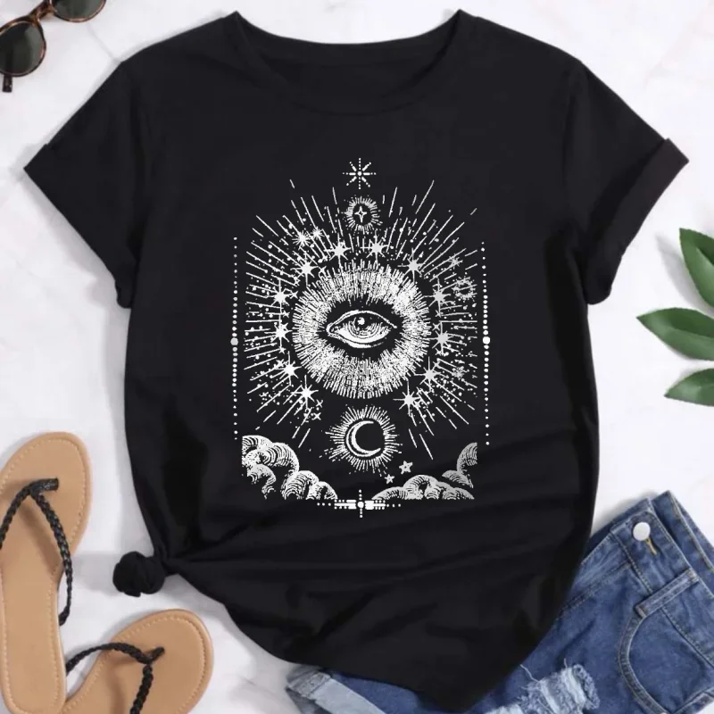 تي شيرت كاجوال برقبة دائرية مقاس كبير تي شيرت مطبوع بنمط قطة لطيف للنساء تي شيرت بأكمام قصيرة مطبوع عليه زهرة العين الرجعية