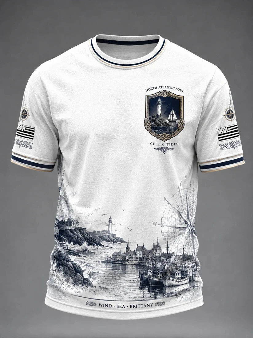 Brittany Coast Lighthouse Print T-Shirt, Tribal Knot, Maritime Compass, Quick-Dry, Casual, Maritime Style, Short Sleeve