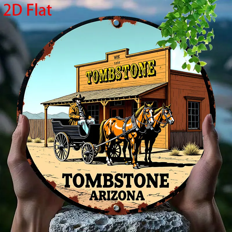 2D Flat, 1pc Vintage Western Tombstone Arizona Sign - Retro Old West Decoration Plaque with Cowboys & Horse-Drawn Carriage - Dur
