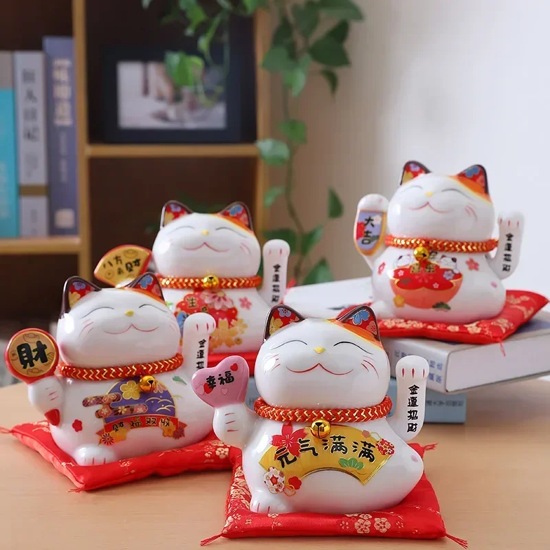 5 inch Ceramic Fortune Cat Waving Hand Lucky Cat Plutus Cat Battery Powered Feng Shui Maneki Neko Best Gift Home Decoration