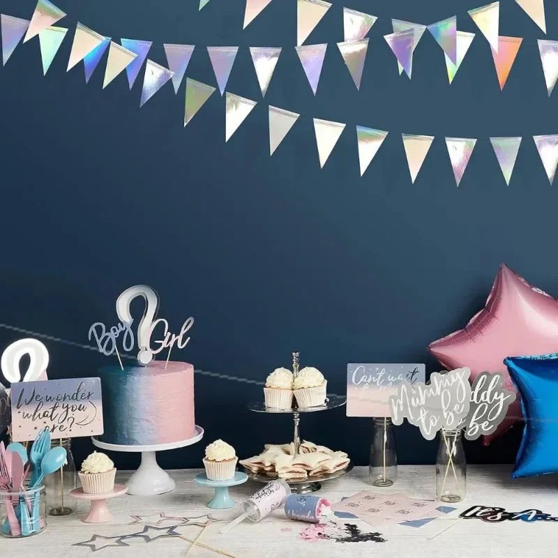 12M 3M schillernde holografische hängende Dreieck-Wimpel-Banner-Flaggen-Girlande für Abschlussfeier, Geburtstag, Hochzeit, Party-Dekoration – Detail 2