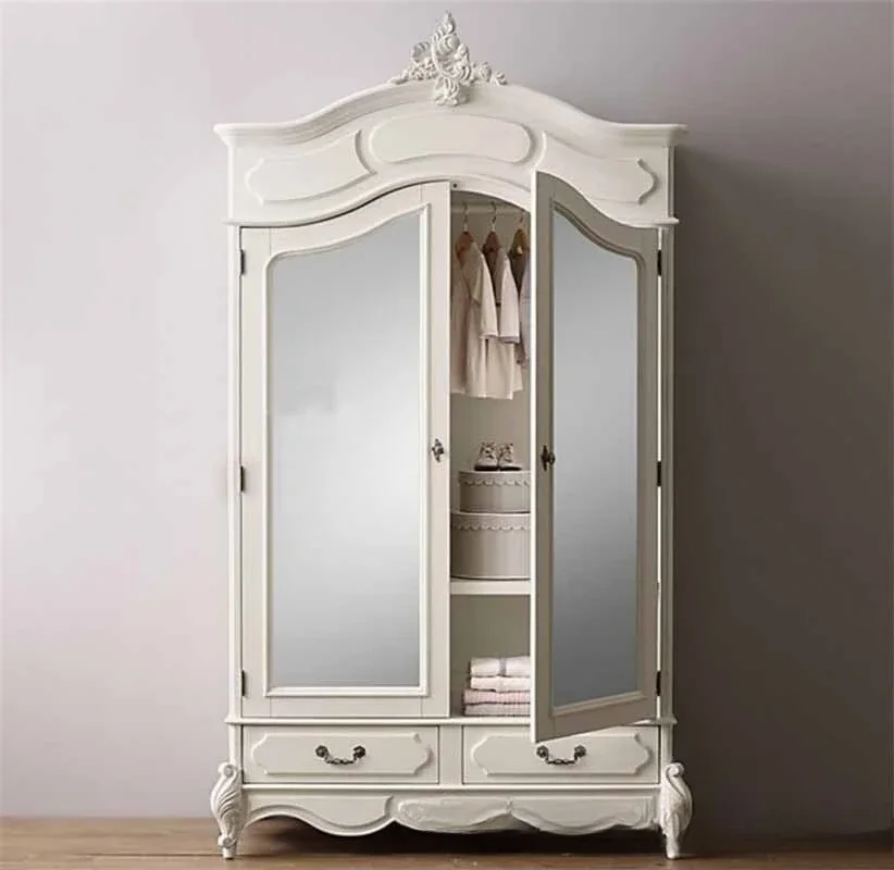 Solid wood wardrobe European oak carved children's wardrobe bedroom retro glass door double door wardrobe