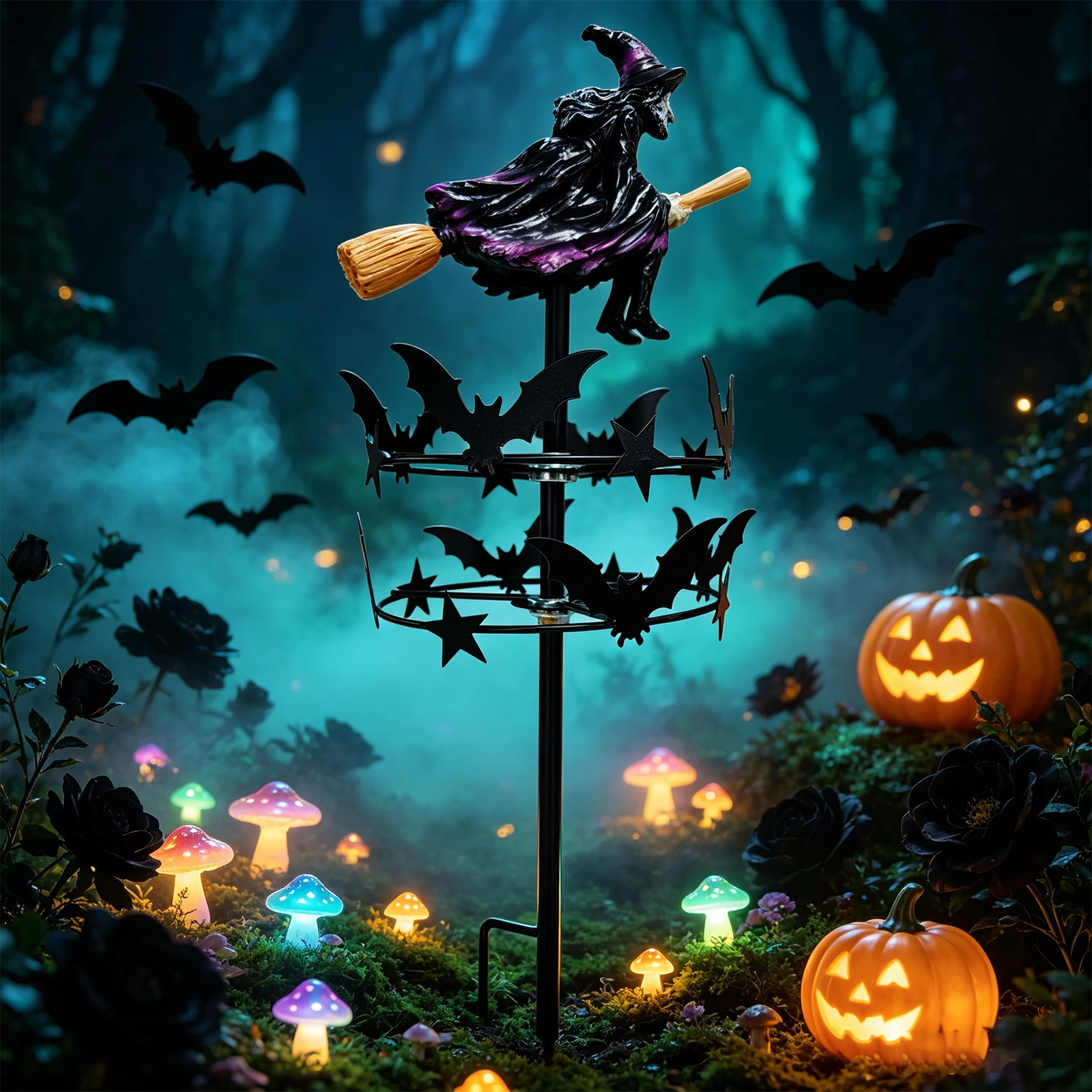 Mystery Witch Garden Wind Spinner Metal Halloween Yard Art Stake Halloween Lawn Ornament for Lawn Yard Flower Bed Walkway