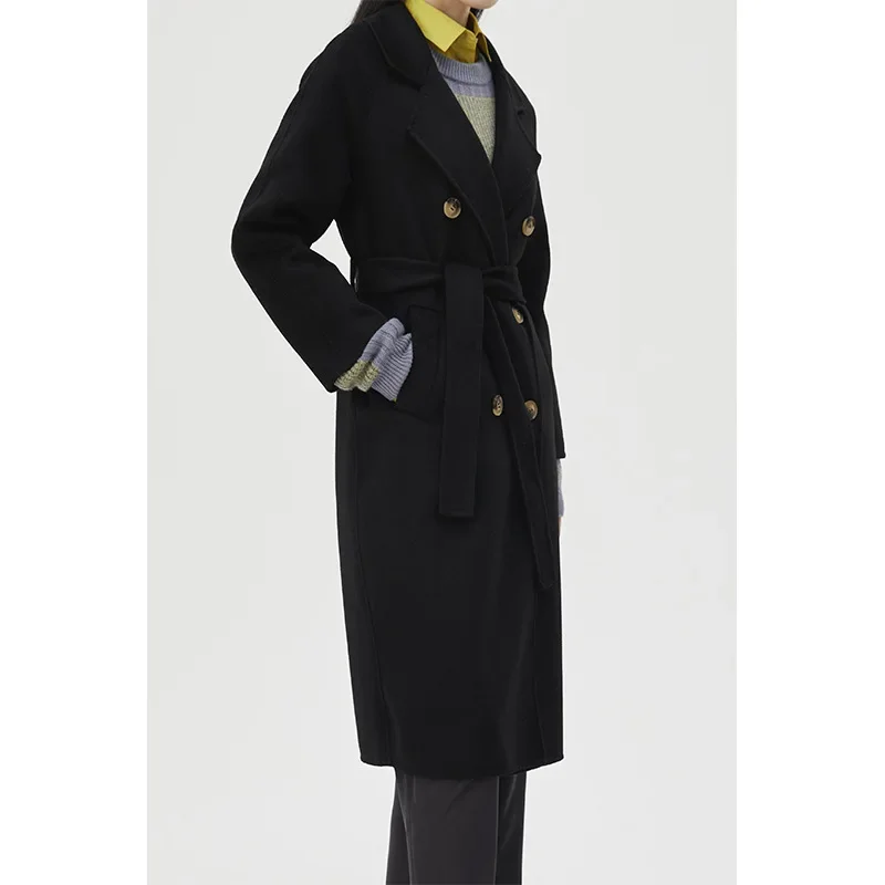 Reversible Wool Coat Female 2022 Fall and Winter New Classic Commuter Style V-neck Double-breasted Tie Tweed Jacket