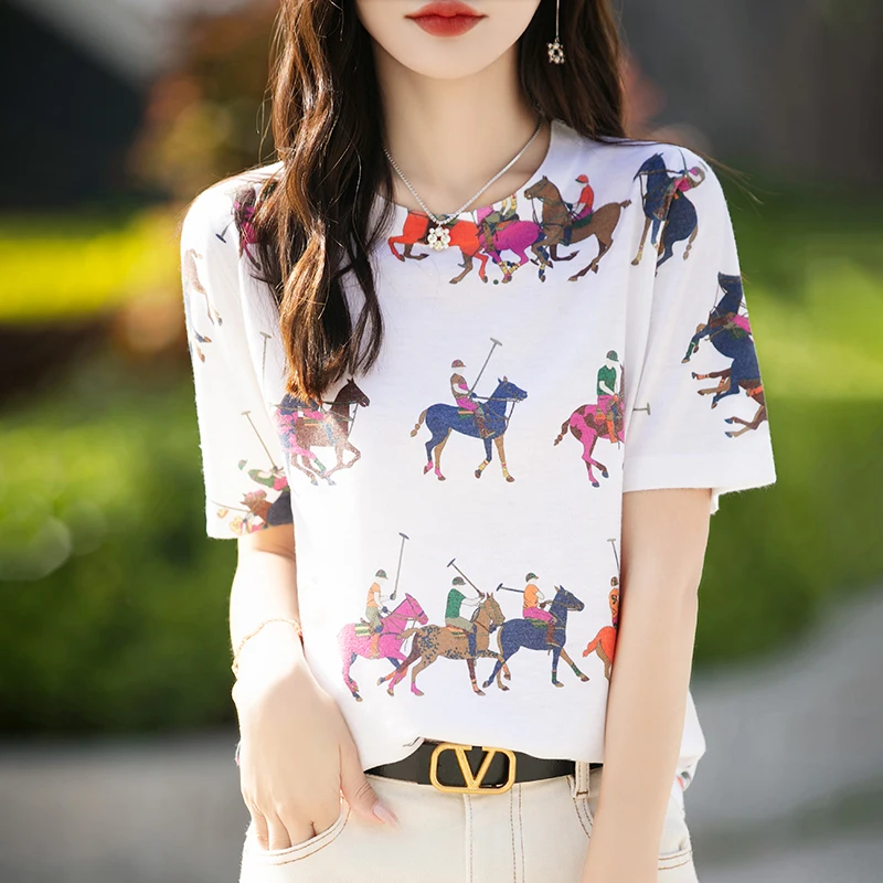 Spring And Summer New Wool Mulberry Silk Women's Printed Short-Sleeved Sweater Casual Fashion Round Neck Loose Slim T-shirt