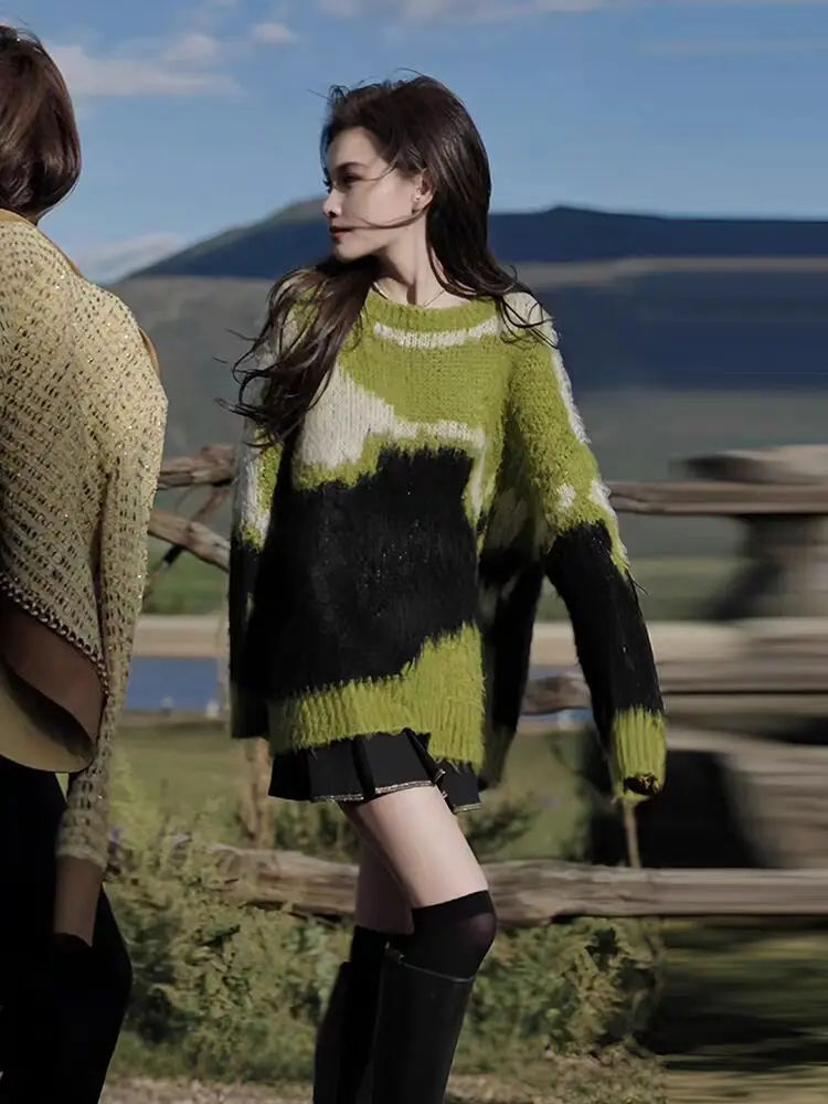 

Women's Elegant O-Neck Sweater Contrast Color Long Sleeve Slim Knitted Pullover Autumn Winter Casual Versatile Beautiful Tops