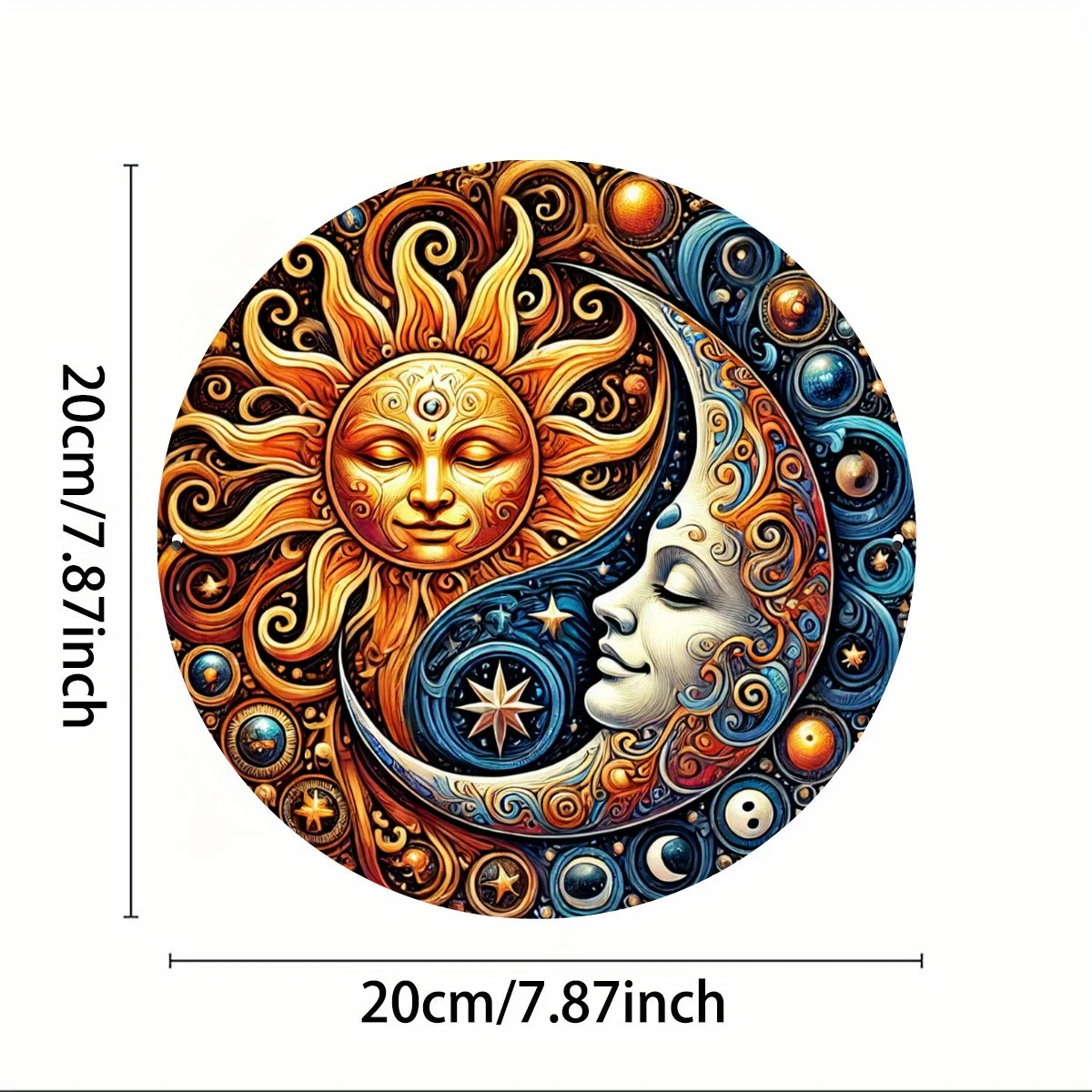 2D plat, vintage Yin-Yang metalen wanddecoratie - zon en maan symbolische harmonie - 8x8 inch (20x20cm) metalen bewegwijzering met gouden Su