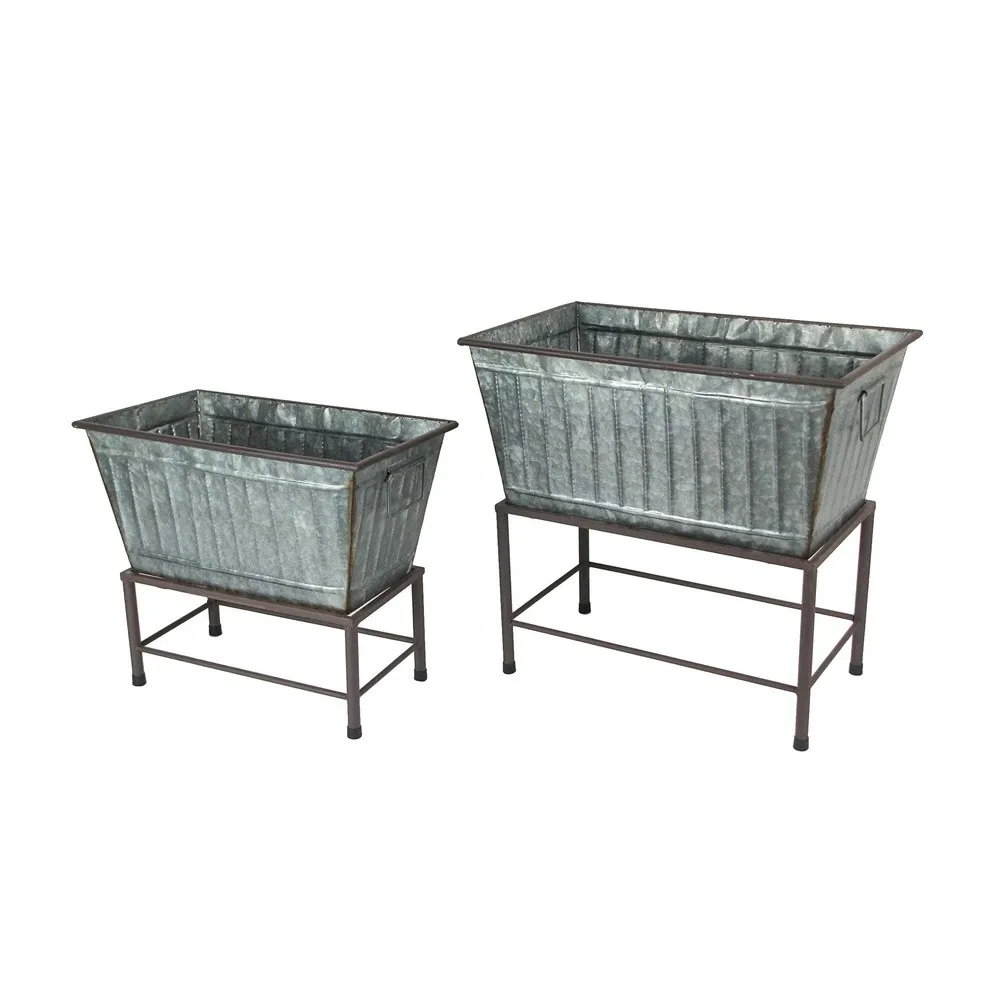 Set of 2 Galvanized Grey Zinc Finish Metal Tub Planters on Stands Perfect for Western Themes Large 20 Inches Small 17