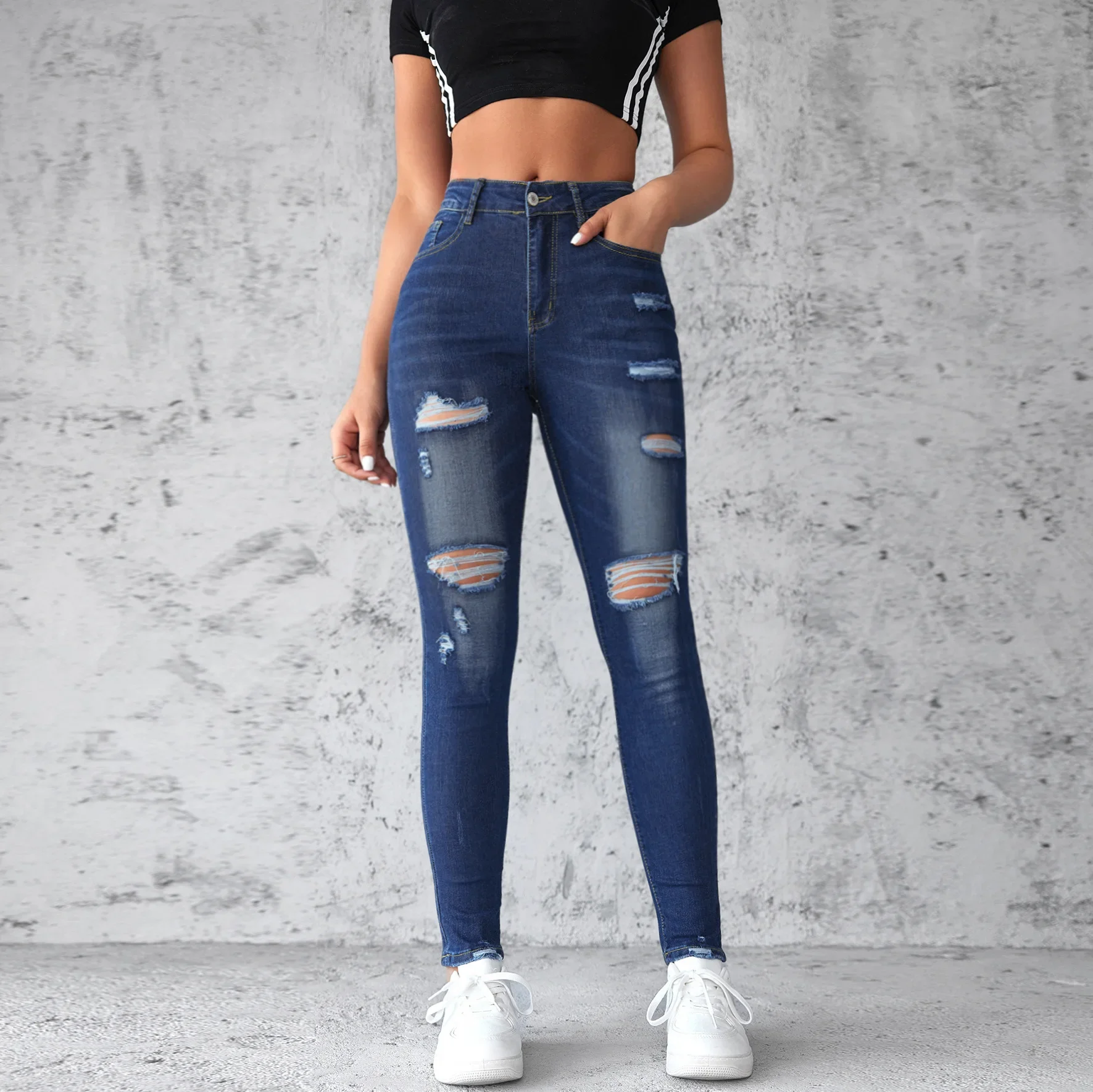 Stretch Ripped Small Feet Jeans Women's Spring and Summer New Slim-fit Hip Lift High-waisted Washed Jeans Frayed Denim Pants