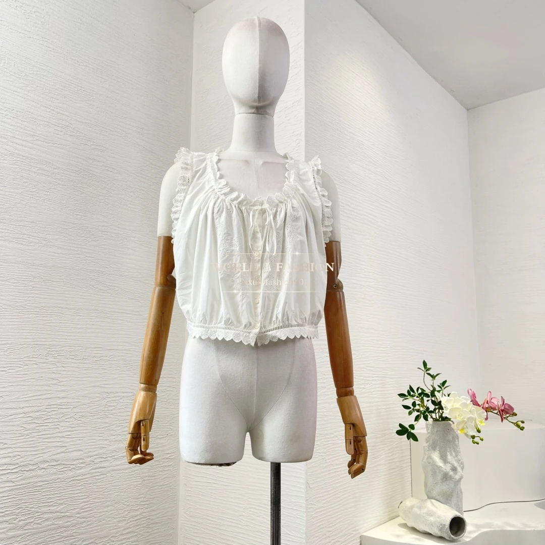 

2025 Fashion White Sleeveless Ruffles Frilled Embroidery Short Women's Blouse Tops