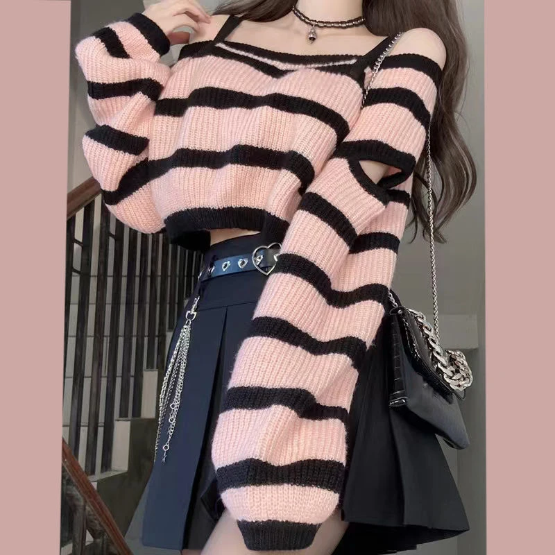 Women\'s Korean Style Stripe Off Shoulder Top, Knit Sweater, Loose Long Sleeve, Hollow Out Pullover, Pink Top, Y2K, Spring 2023