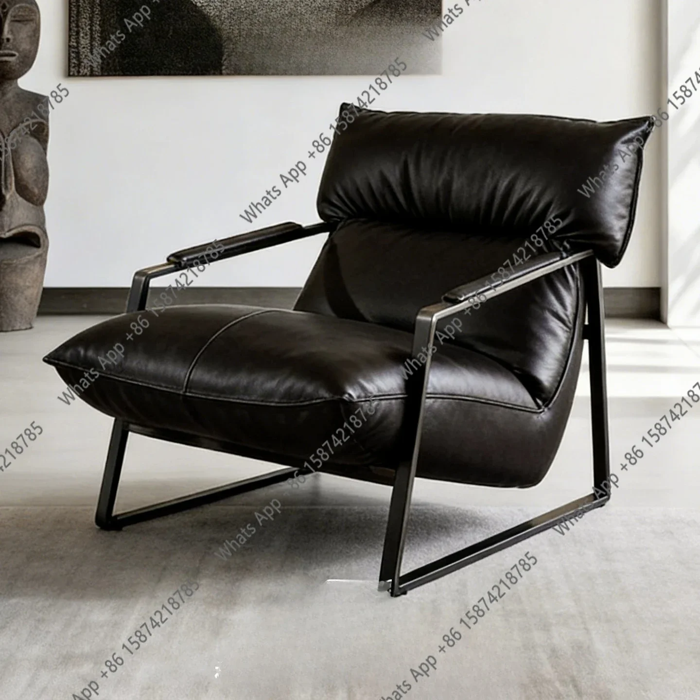W Italian Minimalist First-layer Cowhide Single Sofa, Simple Modern Living Room Balcony Leisure Chair, High-end Lazy Sofa