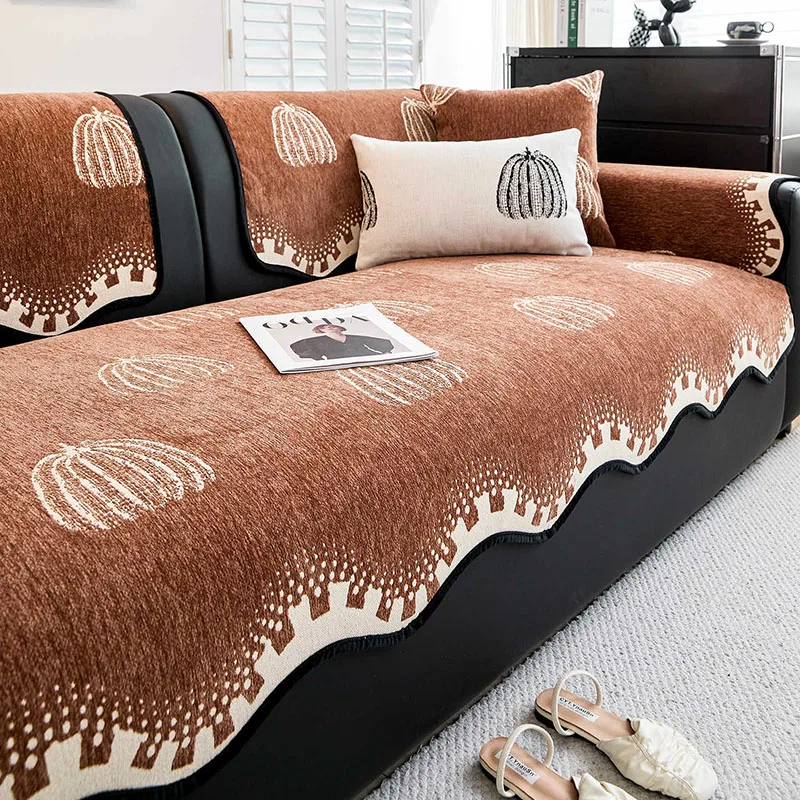 Pumpkin Printed Chenille Sofa Cushion Wear-Resistant Anti-Scratch Irregular Couch Covers Versatile Four Seasons Home Decoration