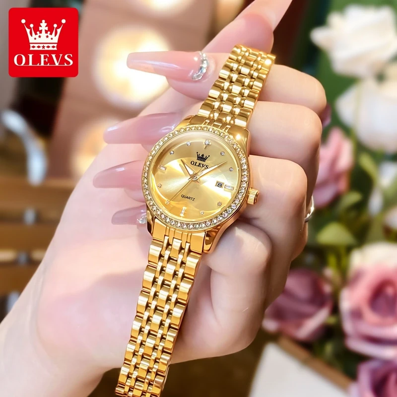 OLEVS-Montre à quartz étanche en acier inoxydable pour femme, diamant élégant, montre d'affaires de luxe, calendrier exquis pour fille, 3625