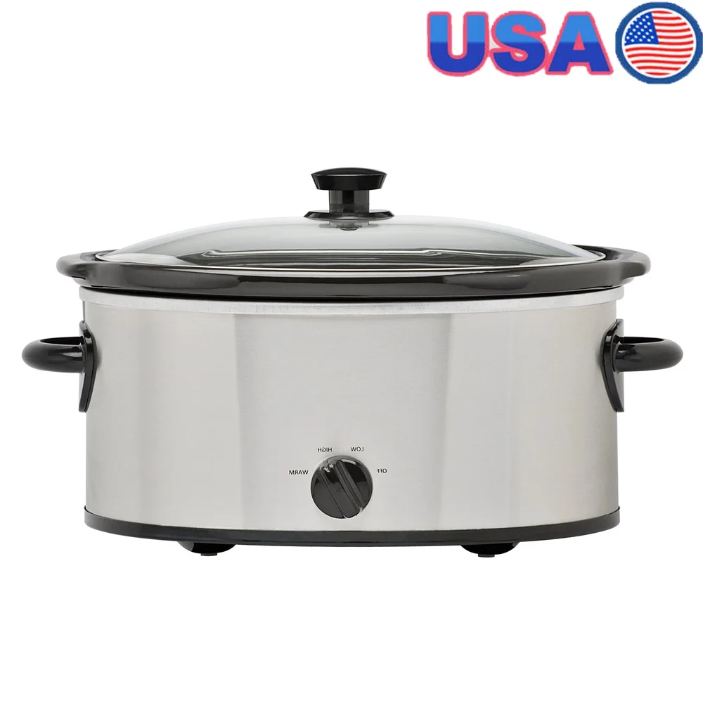 

6 Quart Stainless Steel Slow Cooker with Glass Lid Three Temperature Settings Removable Stoneware Cool Touch Handle Easy Use