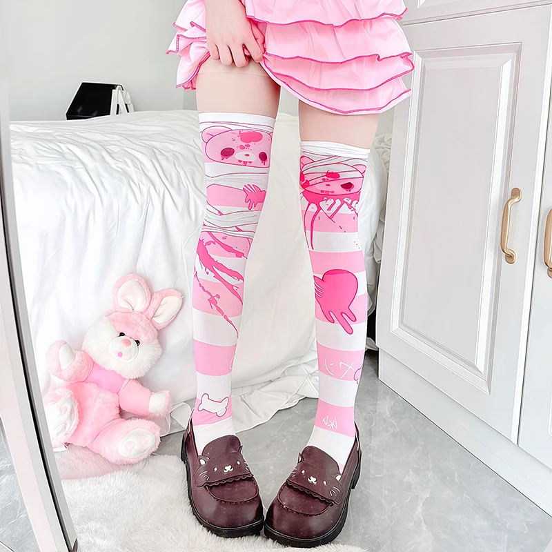Japanese Original Cartoon Printed Thigh High Stocking Cute Knee High Socks Daily Versatile Sweet Kawaii Velvet Stockings Lolita
